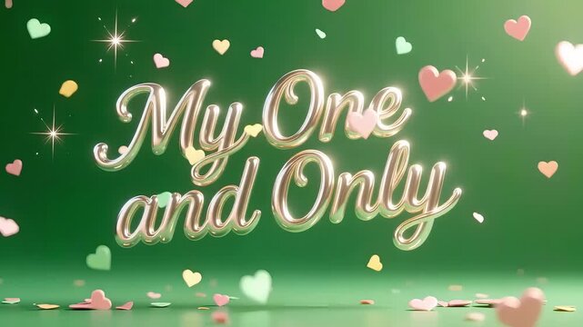 My One and Only text in golden cursive script with hearts and sparkles in soft pastel colors on green background for valentines day greeting card