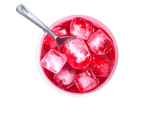 Top view bowl of red iced drink with ice cubes and spoon refreshing cold beverage flat lay cutout on isolated background
