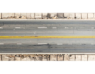 Top view aerial asphalt road lane with double yellow center line and white dashed markings urban street segment cutout on isolated background