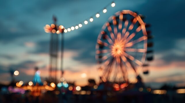 Enchanting Dusk Scene at Amusement Park Filled with Colorful Lights and Nostalgic Atmosphere