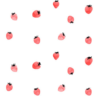Seamless pattern with cute watercolor and ink strawberries