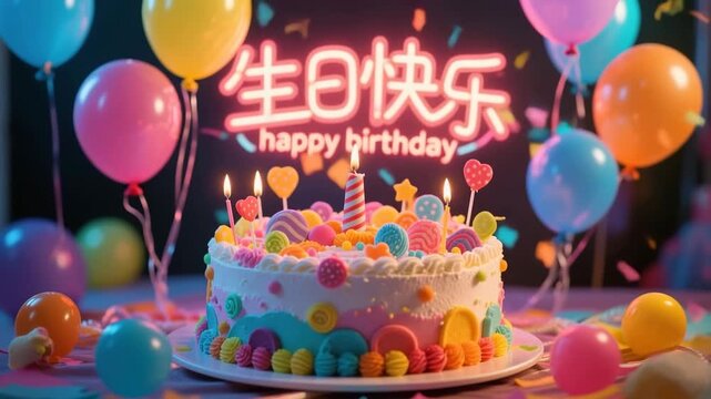 Birthday cake with candles and balloons for a celebration