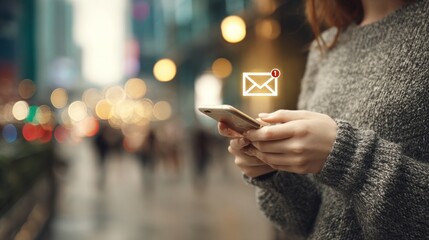 Woman holding phone with email icon
