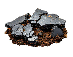Broken asphalt pavement chunks with cracked road surface and exposed dirt soil rubble debris close up texture on isolated background