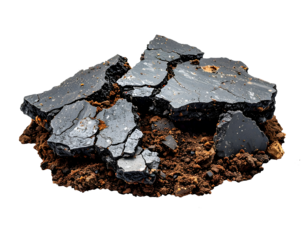 Broken asphalt pavement chunks with cracked road surface and exposed dirt soil rubble debris close up texture on isolated background