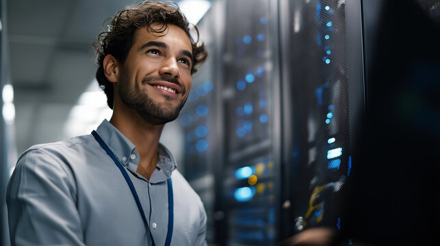 Faceless IT technician maintaining server room managed IT services stock photo network administration marketing data center management cloud hosting services infrastructure - Powered by Adobe