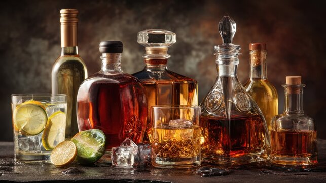 Collection of liquor bottles and glasses, including a bottle of wine, a bottle of liquor, and a bottle of lemonade