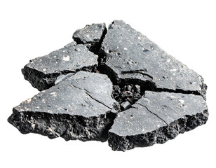 Broken cracked asphalt pavement chunks damaged road surface rubble texture close up cutout on isolated background