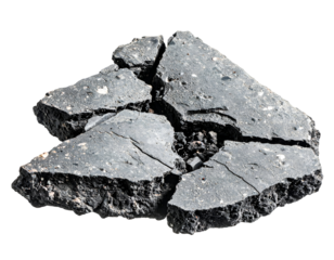 Broken cracked asphalt pavement chunks damaged road surface rubble texture close up cutout on isolated background