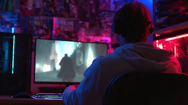 Teen Gamer Wearing Headphones Playing Video Game at Night