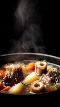 Delicious hot beef stew and savory bone soup simmering in dark pot with vegetable, carrot, and potato. hearty meal representing ultimate comfort food with aromatic steam