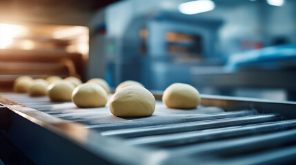 Bread dough balls on production conveyor belt commercial bakery stock photo food production equipment marketing bakery automation industrial baking supplies food manufacturing