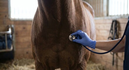 Veterinarian examining horse with stethoscope in stable