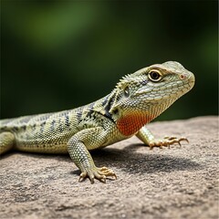 Fototapeta premium Reptile with detailed scales rests on a textured stone surface.