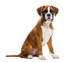 Adorable young fawn and white Boxer puppy with a wrinkled brow and expressive dark eyes, displaying a natural canine coat texture, sits attentively in a studio, isolated on transparent background.