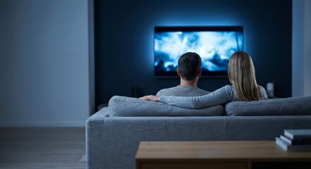 Couple watching movie in home cinema at night