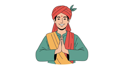 A smiling man wearing traditional attire with hands together in greeting