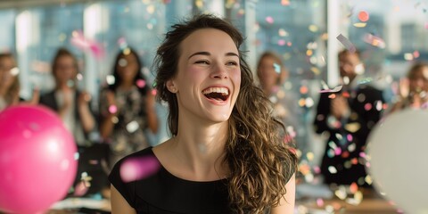 Smiling young business executive laughs amid confetti and balloons during a lively office party, concept for corporate success, team building and employee recognition