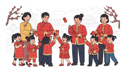 Family in traditional attire celebrating a festive occasion together with children playing and exchanging gifts.