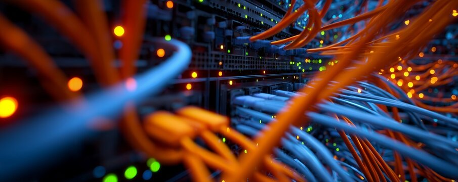 Extreme close-up of interconnected network cables in a dark server rack with intense glowing lights, concept for cloud computing solutions, telecommunication services and digital transformation