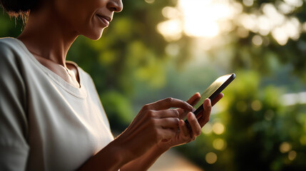 Serene faceless person using smartphone outdoors mobile lifestyle stock photo smartphone marketing wireless service provider mobile app advertisement digital wellness outdoor