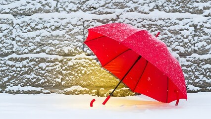 A vibrant red umbrella lies open on a blanket of fresh white snow, illuminated by a warm glow against a snow-covered stone wall during a gentle snowfall.