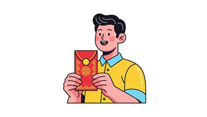 Man holding a red envelope with a smile