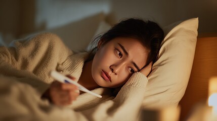 Woman measures temperature in bed