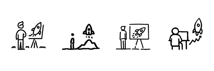 Rocket Launch And Growth Concept Line Icon Set In Doodle Style. Innovation, Business Development, And Creative Strategy Outline Sketch Collection. Hand Drawn Isolated Vector Illustration