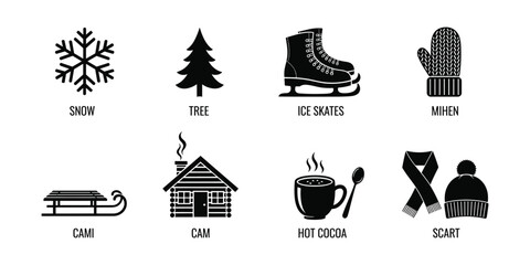 Winter vector icons collection set with snow tree ice skates mitten and cabin
