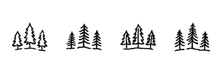 Obraz premium Pine Tree Forest Line Icon Set In Doodle Style. Nature, Wilderness, And Outdoor Adventure Outline Sketch Collection. Hand Drawn Isolated Vector Illustration
