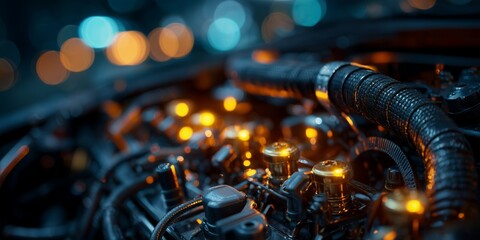 Close-up of a complex industrial engine structure with metallic details and dramatic bokeh lights, concept for mechanical engineering, automotive repair and high-performance technology