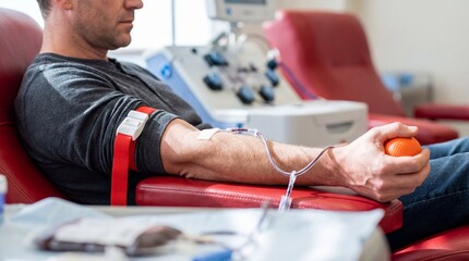 Man donating blood in clinic chair