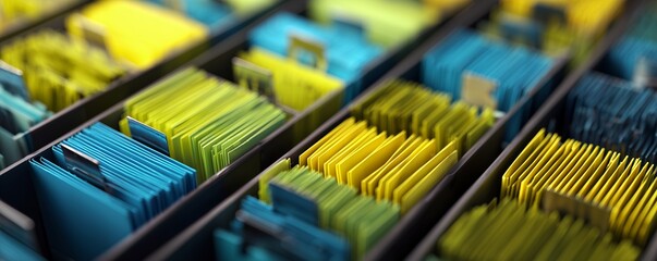 Organized close-up of vibrant blue and yellow index cards sorted in compartmentalized office filing trays, concept for data management, archival systems and efficient workflow
