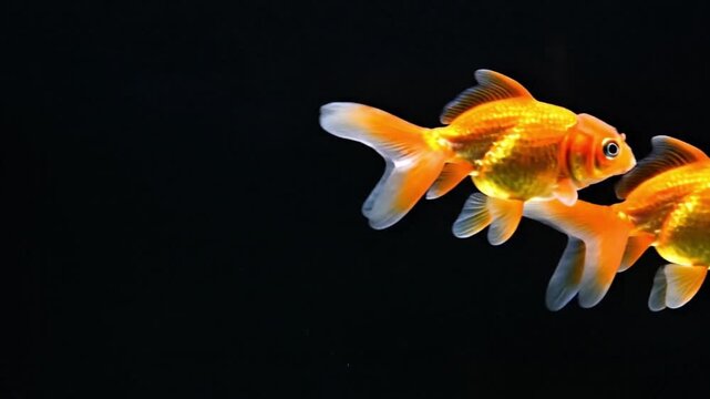 Two vibrant goldfish swimming against a dark background