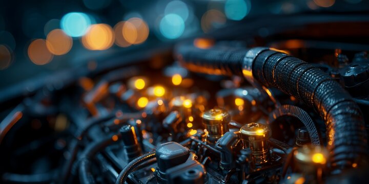 Close-up of a complex industrial engine structure with metallic details and dramatic bokeh lights, concept for mechanical engineering, automotive repair and high-performance technology