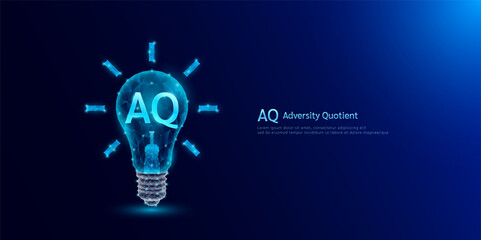 AQ Adversity Quotient symbol in light bulb style polygon glowing blue on a dark background. Emotional intelligence balance of child brain. Leadership development growth concept. Vector. © Adisak