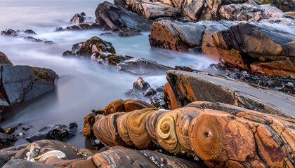 Long exposure of ocean waves crashing against rugged coastal rocks, creating a serene and mystical seascape.