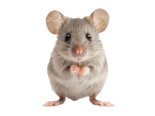 Adorable, small, grey house mouse with soft fur and delicate pink paws is sitting upright in a pleading or curious pose, captured in a bright, well-lit studio, isolated on transparent background.