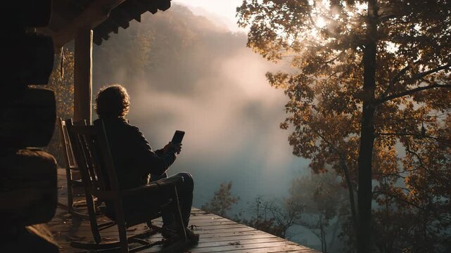 Person Sitting on Wooden Porch Enjoying Morning Nature View