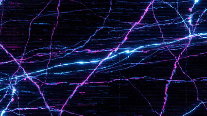 Electric pulse network: A vibrant display of interconnected glowing lines on a digital glitch