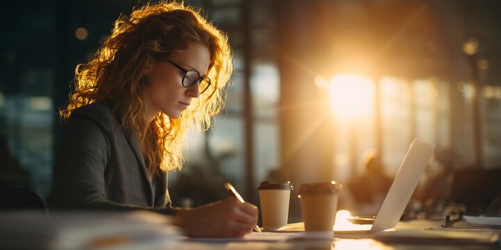 Focused female manager writing notes near a laptop and coffee cups under warm golden backlighting, concept for corporate finance, project management and remote work