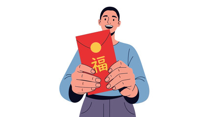 Man holding red envelope with Chinese character for luck