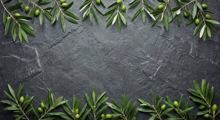 Olive branches framing slate background