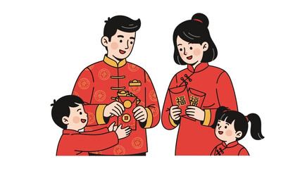 Family in traditional attire exchanging red envelopes during Lunar New Year celebration