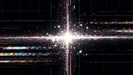 Futuristic digital matrix explosion, data stream with vibrant colors and glitches effect