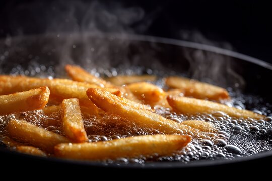 Golden french fries are deep-fried in bubbling hot oil inside a black pan with visible steam, concept for fast food marketing, cooking tutorials and restaurant menus