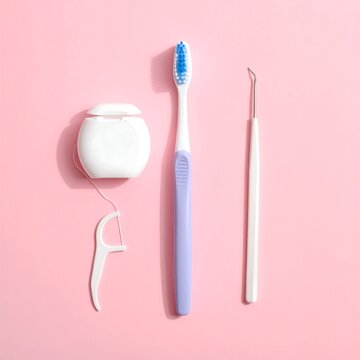 Dental hygiene toothbrush, floss, and pick arranged neatly on a pink background, promoting oral care and cleanliness
