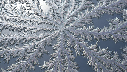 Intricate frost patterns creating unique floral designs on glass surface during winter