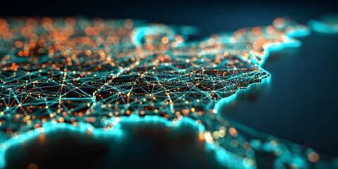 3D rendering of the United States map outline glowing with a digital network mesh and bright orange data points, concept for telecommunications, global networking and technology infrastructure